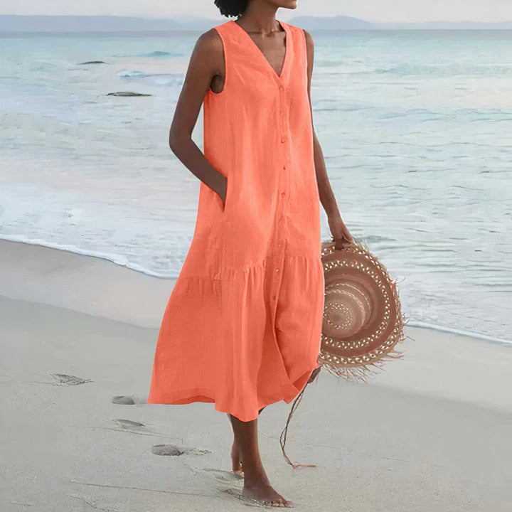 Ärmelloses Leinen-Strandkleid für Damen mit Knopfleiste und Taschen