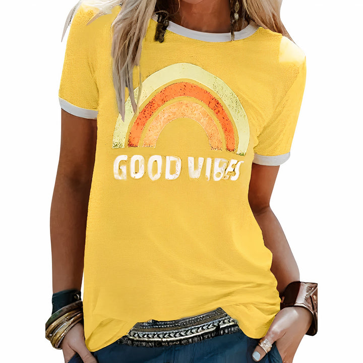 Damen Sommer Kurzarmshirt mit Good Vibes and Regenbogen-Print