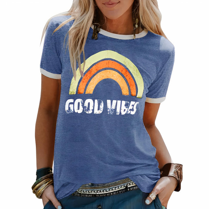 Damen Sommer Kurzarmshirt mit Good Vibes and Regenbogen-Print