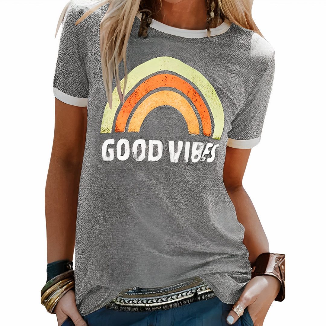 Damen Sommer Kurzarmshirt mit Good Vibes and Regenbogen-Print