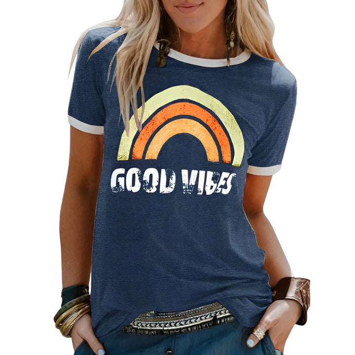 Damen Sommer Kurzarmshirt mit Good Vibes and Regenbogen-Print