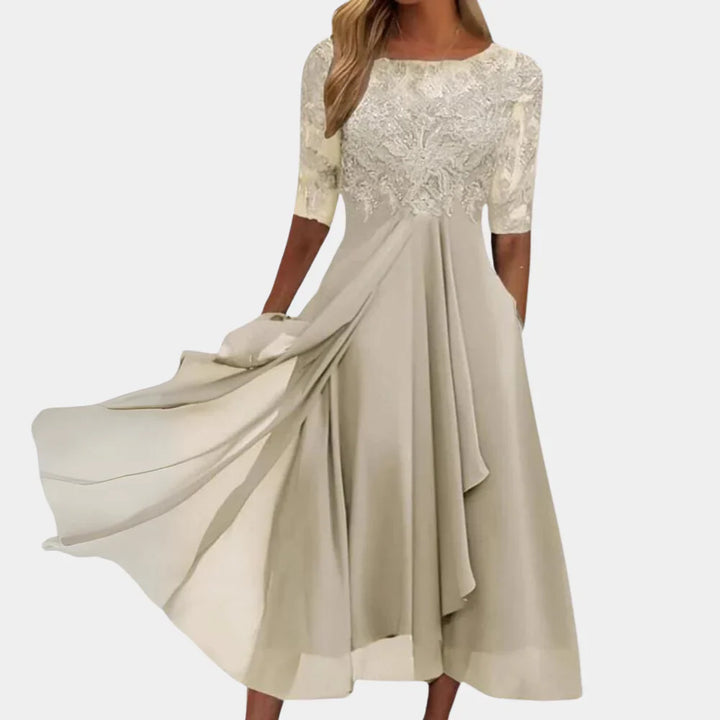 Midi-Länge Kleid mit Spitzenverzierung und Drei-Viertel-Ärmeln