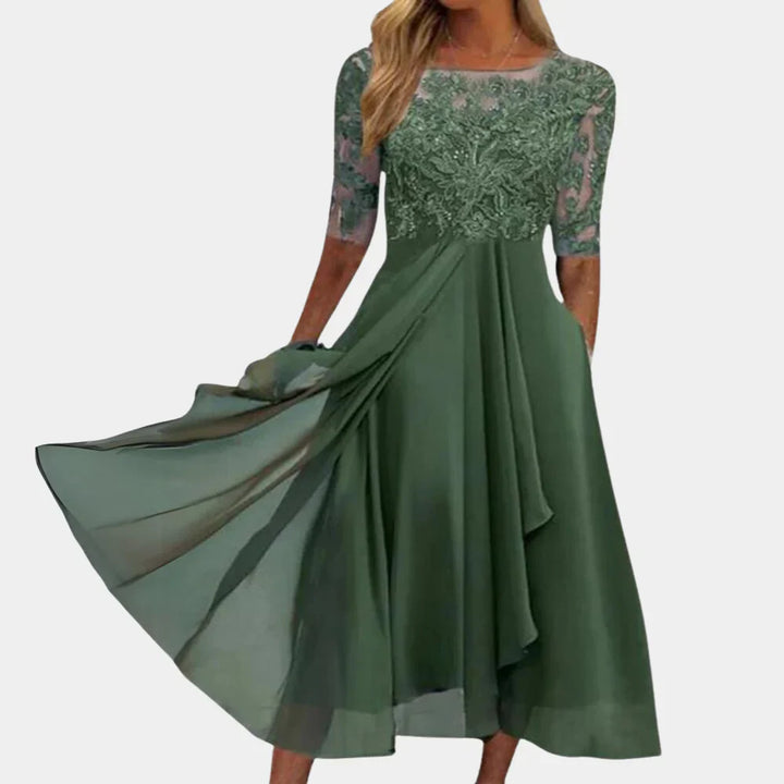 Midi-Länge Kleid mit Spitzenverzierung und Drei-Viertel-Ärmeln