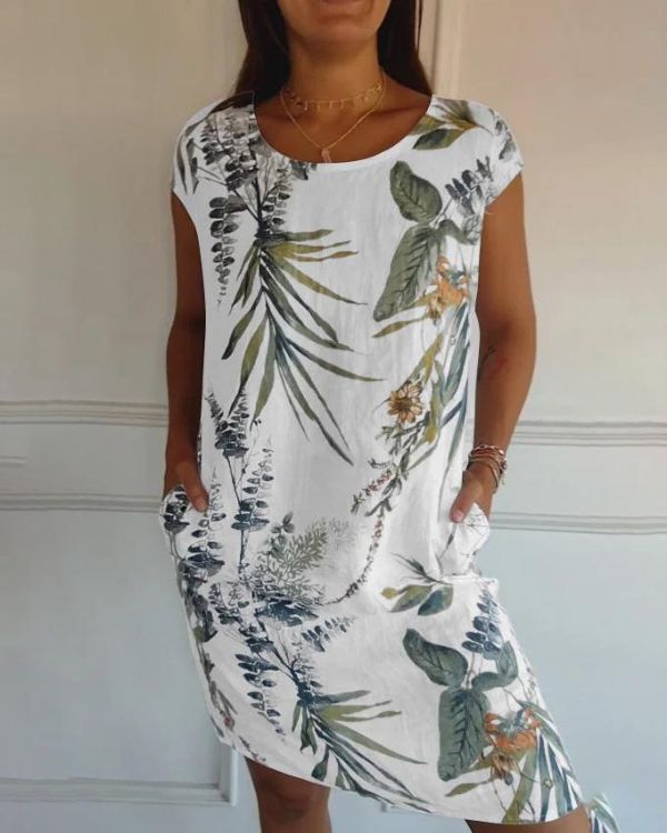 Damen Sommer Blumen Minikleid mit Kurzen Ärmeln und Taschen