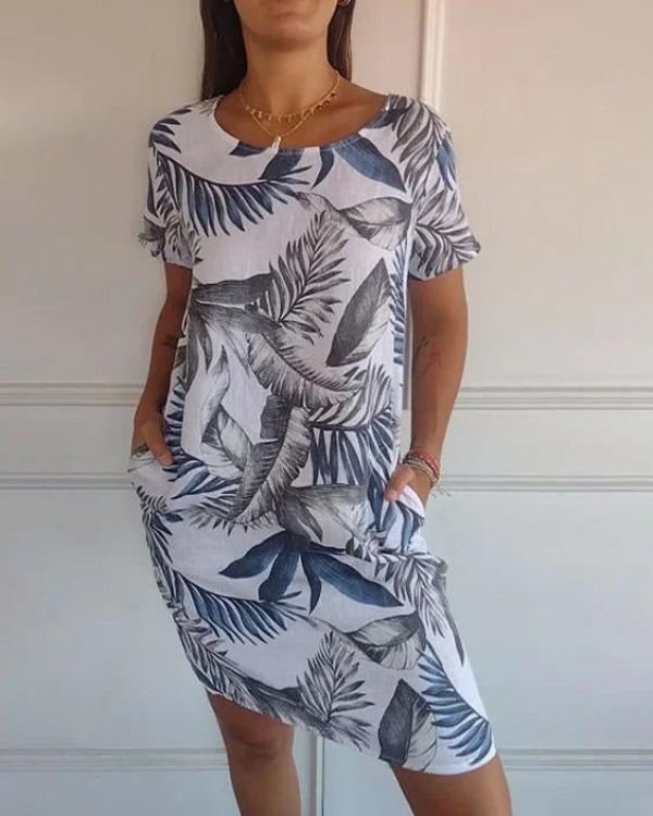 Damen Sommer Blumen Minikleid mit Kurzen Ärmeln und Taschen