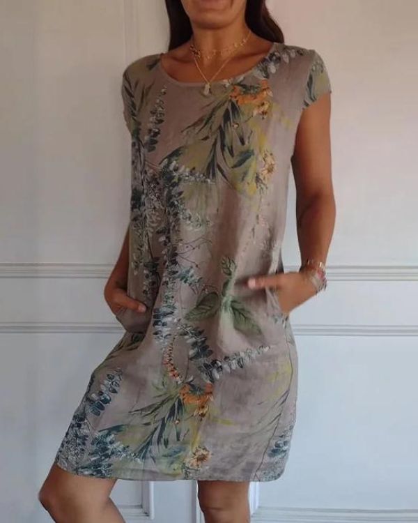 Damen Sommer Blumen Minikleid mit Kurzen Ärmeln und Taschen