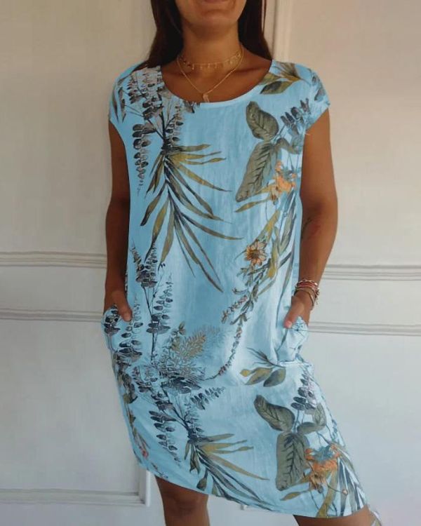 Damen Sommer Blumen Minikleid mit Kurzen Ärmeln und Taschen