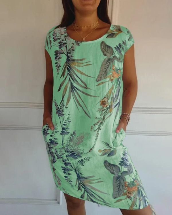 Damen Sommer Blumen Minikleid mit Kurzen Ärmeln und Taschen