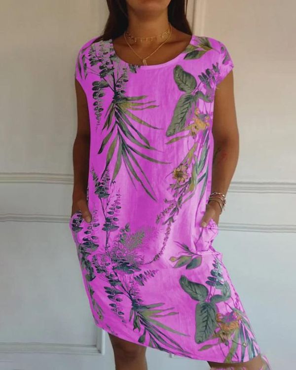 Damen Sommer Blumen Minikleid mit Kurzen Ärmeln und Taschen