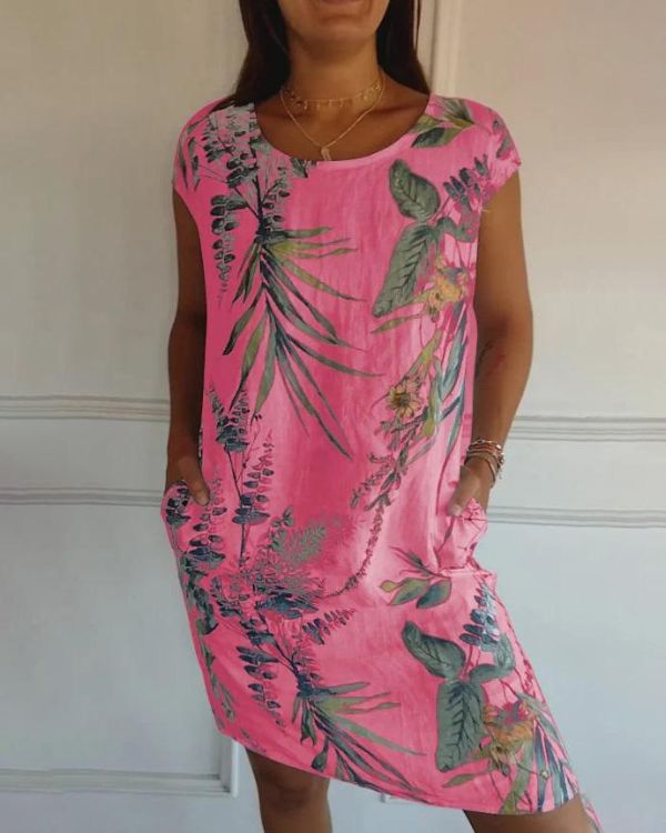 Damen Sommer Blumen Minikleid mit Kurzen Ärmeln und Taschen