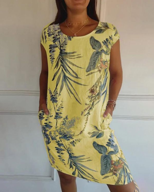 Damen Sommer Blumen Minikleid mit Kurzen Ärmeln und Taschen