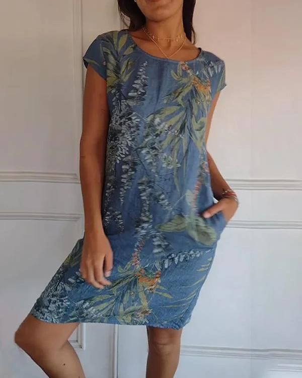 Damen Sommer Blumen Minikleid mit Kurzen Ärmeln und Taschen