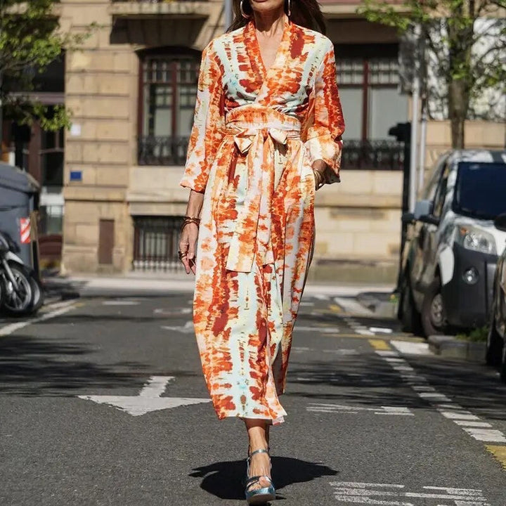 Damen Sommer Tie-Dye-Maxikleid mit V-Ausschnitt and Knoten-Gürtel