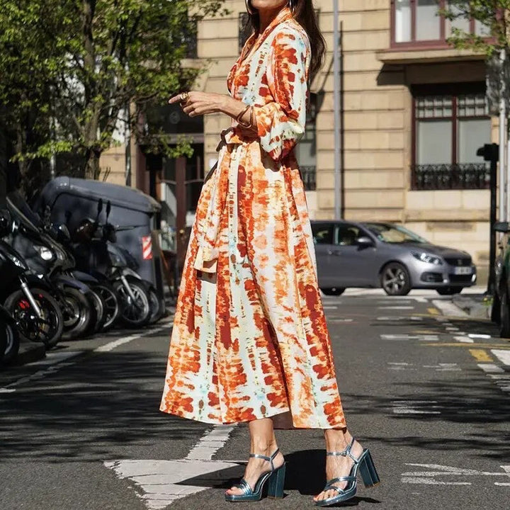 Damen Sommer Tie-Dye-Maxikleid mit V-Ausschnitt and Knoten-Gürtel