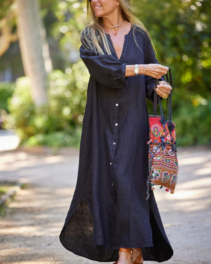 Damen Sommer Puffärmeln Maxikleid mit Knöpfen and V-Ausschnitt