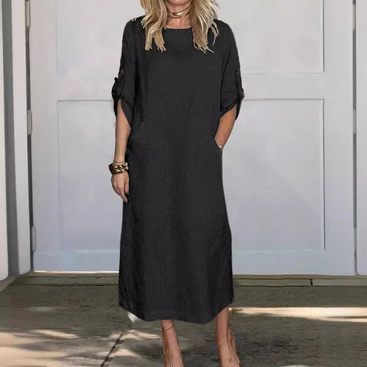 Damen Sommer Midikleid mit Halblangen Ärmeln and Seitentaschen