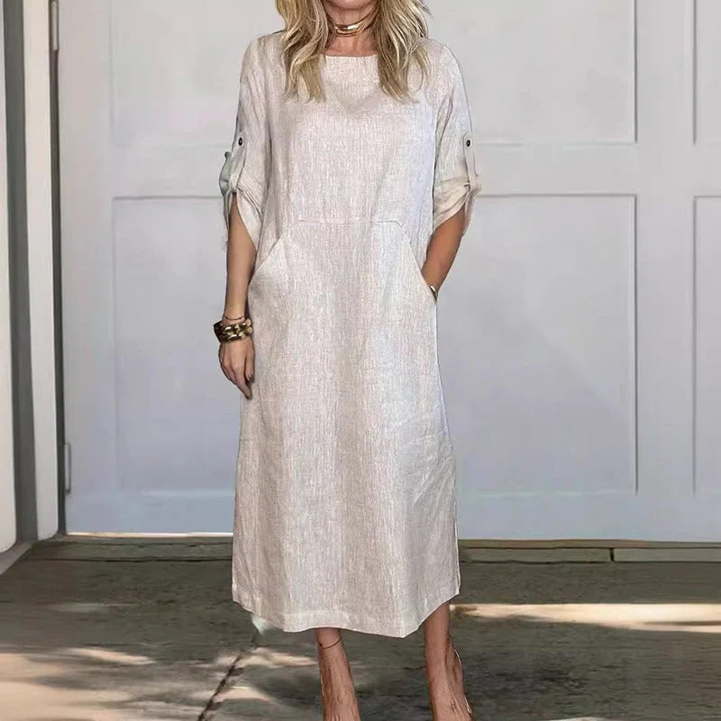 Damen Sommer Midikleid mit Halblangen Ärmeln and Seitentaschen