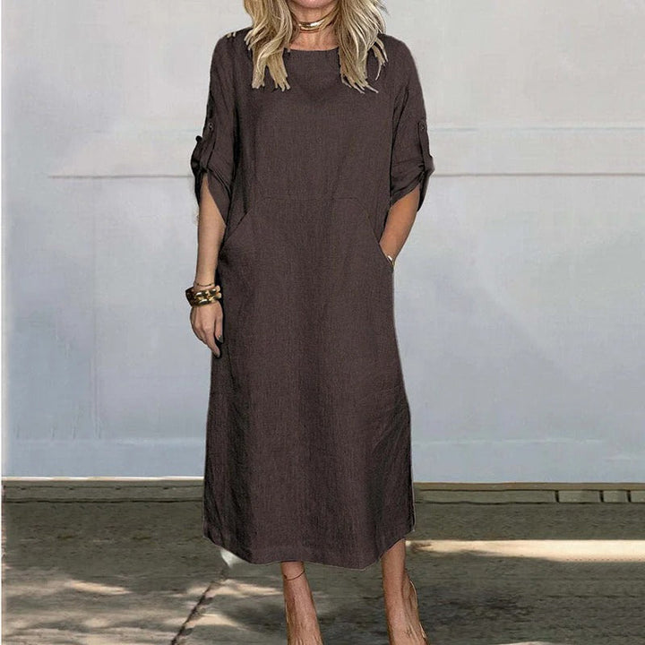 Damen Sommer Midikleid mit Halblangen Ärmeln and Seitentaschen