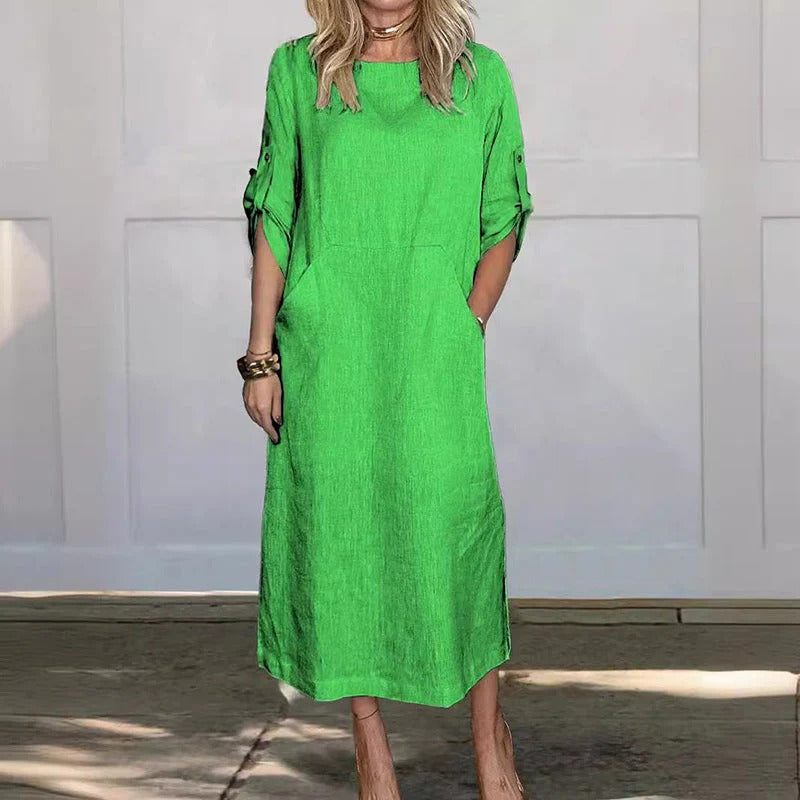 Damen Sommer Midikleid mit Halblangen Ärmeln and Seitentaschen