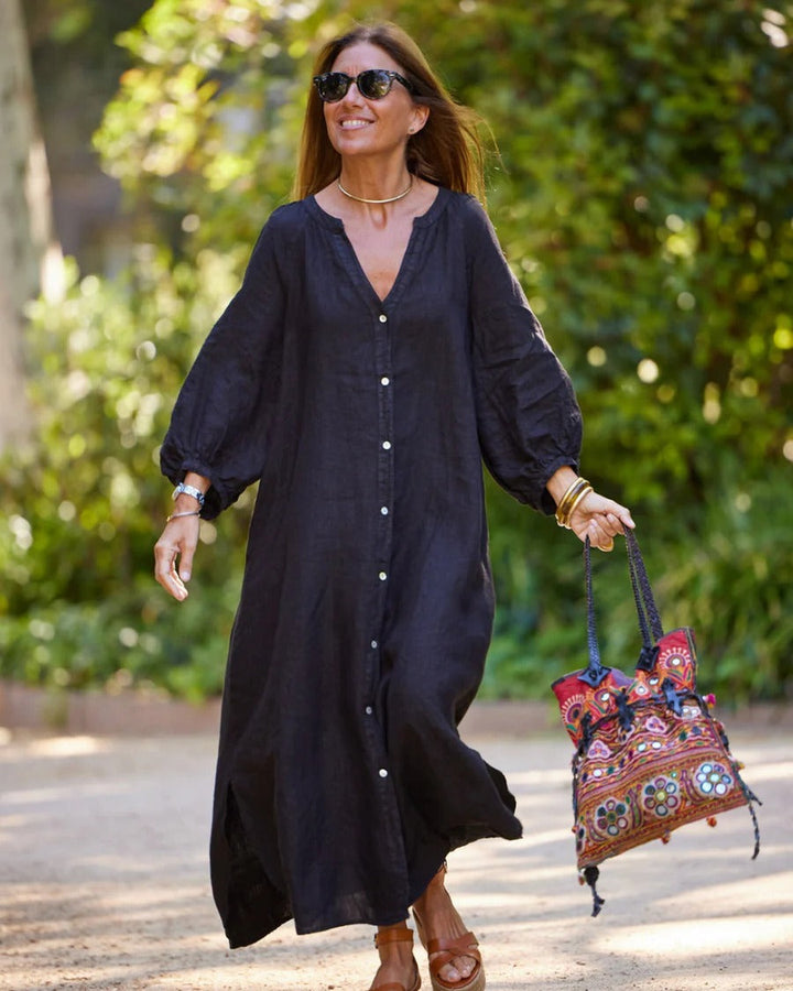 Damen Sommer Puffärmeln Maxikleid mit Knöpfen and V-Ausschnitt