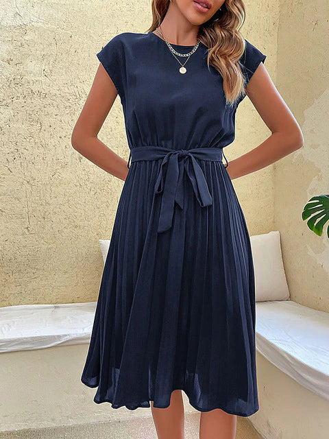 Damen Plissiertes Midi-Kleid mit kurzen Ärmeln
