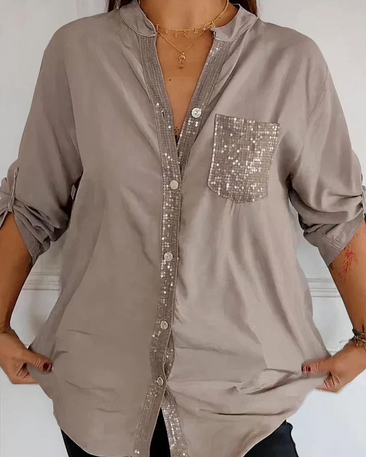 Damen Sommer Halblangen Ärmeln Bluse mit Pailletten und Knöpfen