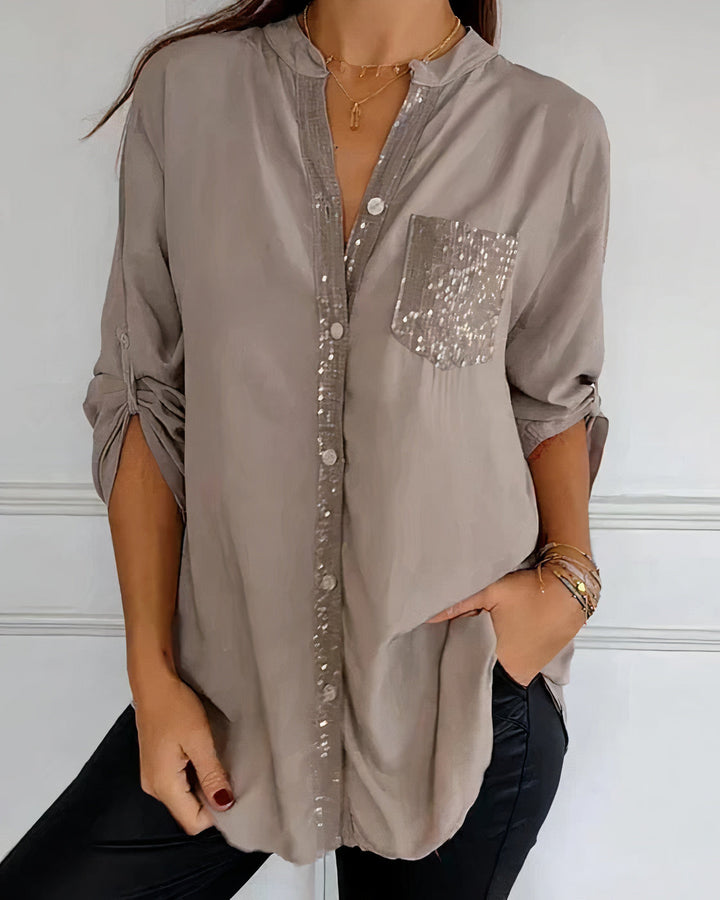 Damen Sommer Halblangen Ärmeln Bluse mit Pailletten und Knöpfen