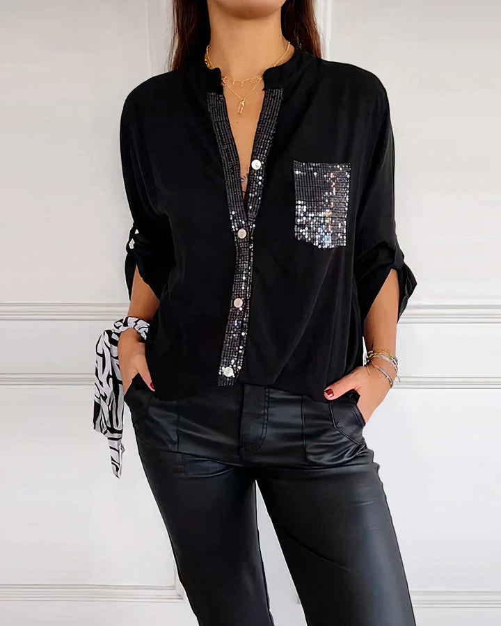 Damen Sommer Halblangen Ärmeln Bluse mit Pailletten und Knöpfen