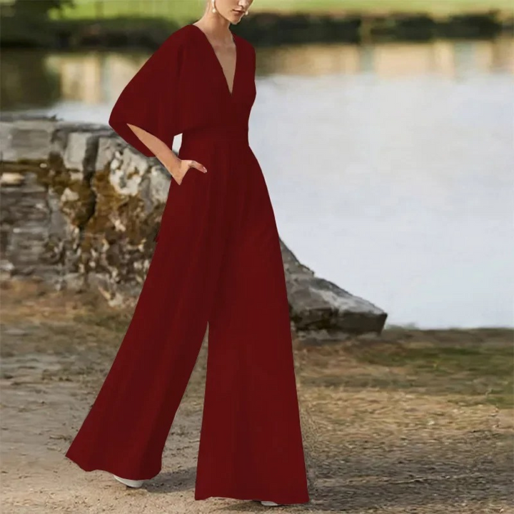 Fließender V-Ausschnitt-Jumpsuit mit Taschen für Damen