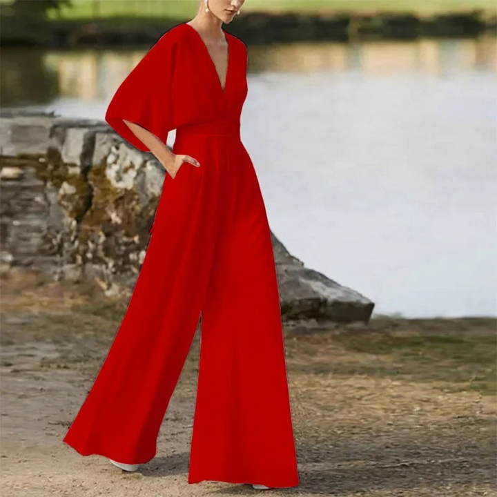 Fließender V-Ausschnitt-Jumpsuit mit Taschen für Damen
