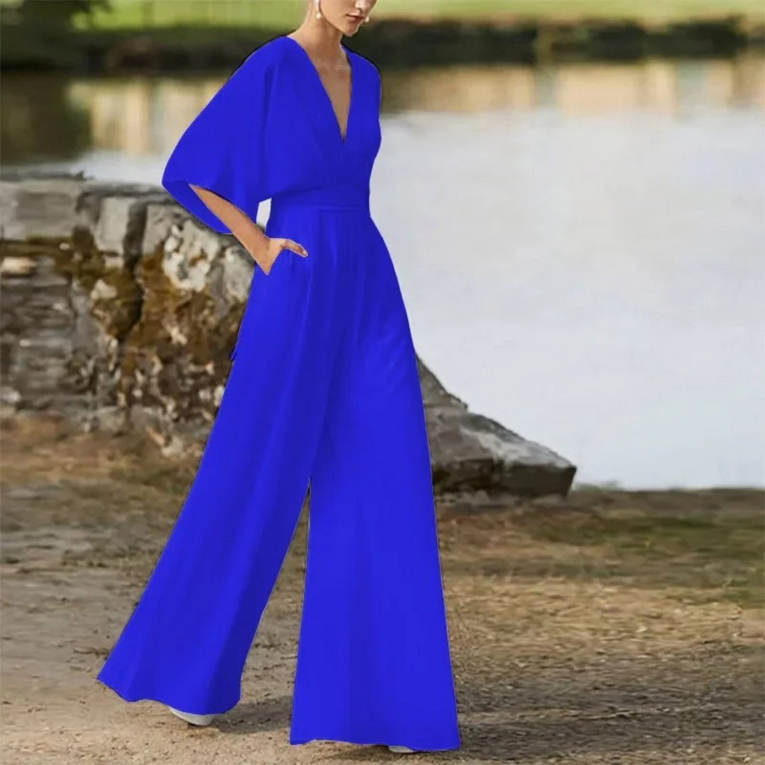 Fließender V-Ausschnitt-Jumpsuit mit Taschen für Damen