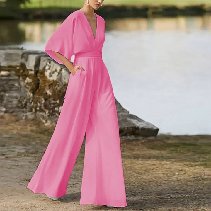 Fließender V-Ausschnitt-Jumpsuit mit Taschen für Damen