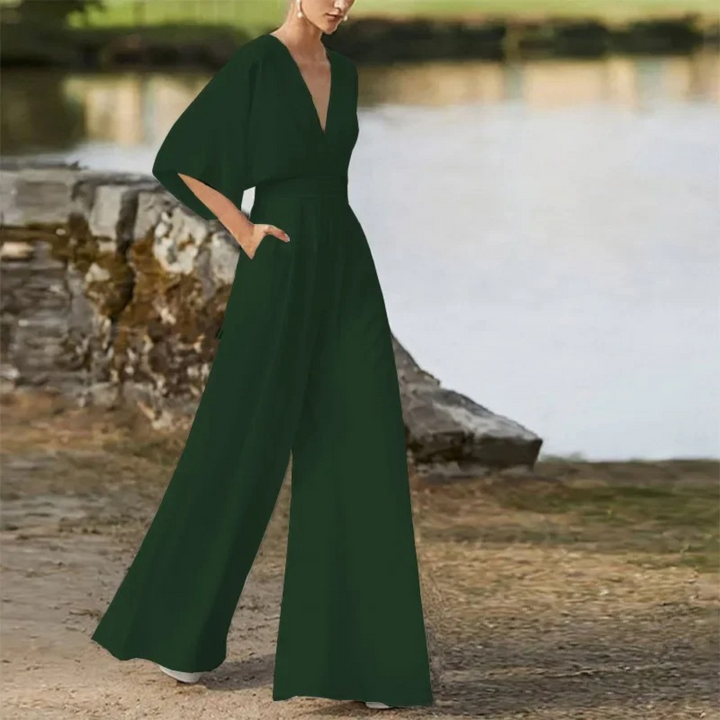 Fließender V-Ausschnitt-Jumpsuit mit Taschen für Damen