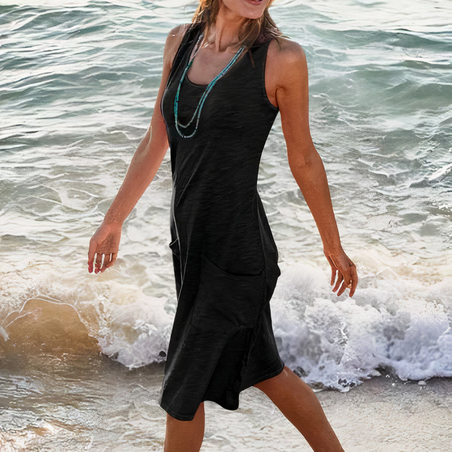 Damen Sommer Ohne Ärmel Midikleid mit Taschen
