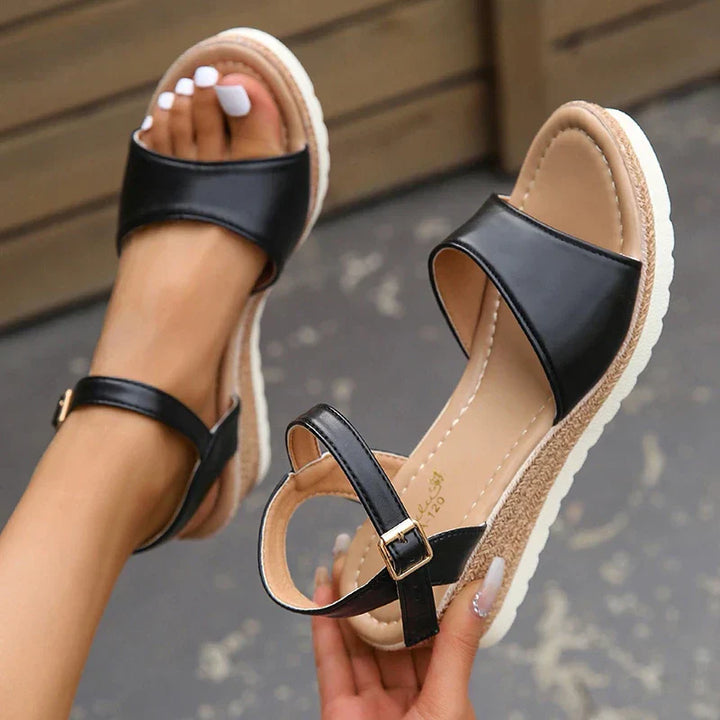 Damen Sommer Veganem Leder Plateausandalen mit Verstellbarem Knöchelriemen