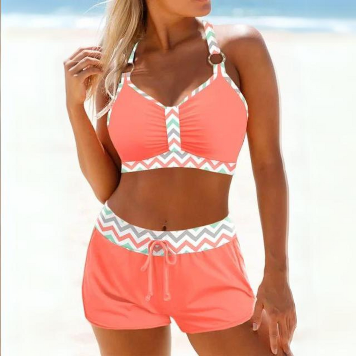 Damen Sommer Badeanzug-Set mit Neckholder-Top und Kordelzug Shorts