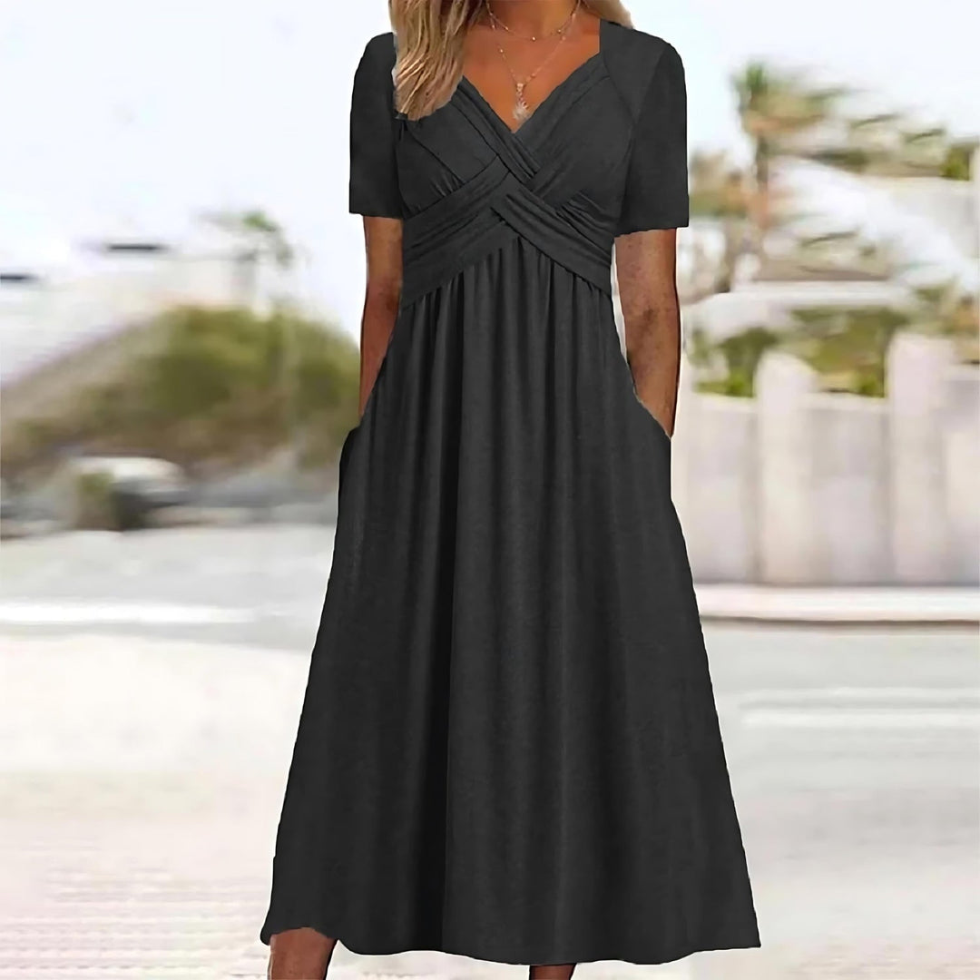 Damen V-Ausschnitt Kleid mit überkreuztem Design und Taschen