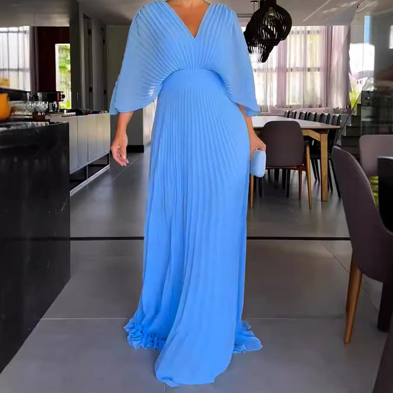 Damen Maxikleid mit Falten und V-Ausschnitt