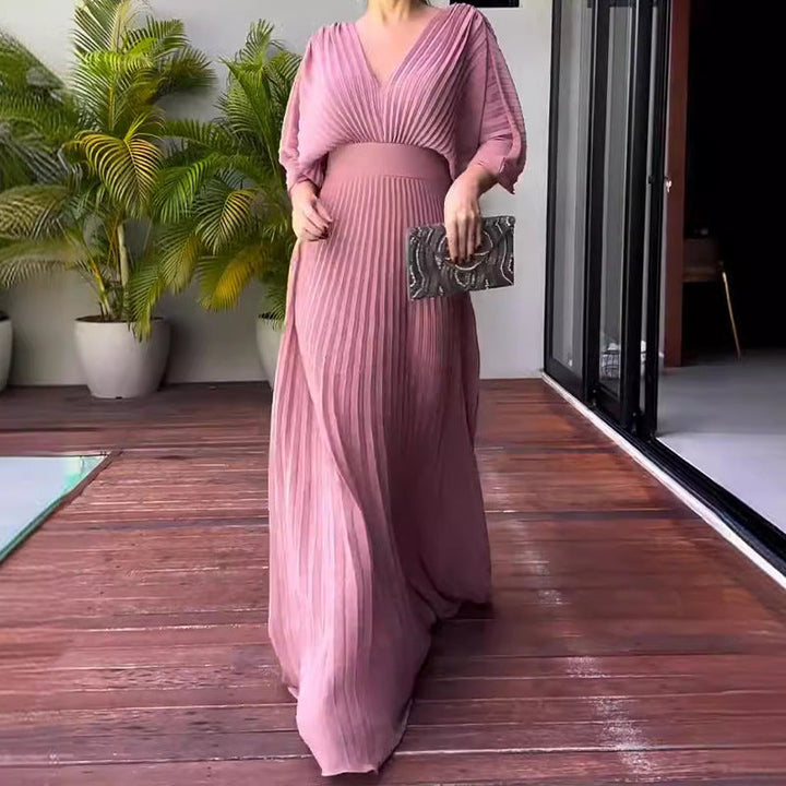 Damen Maxikleid mit Falten und V-Ausschnitt