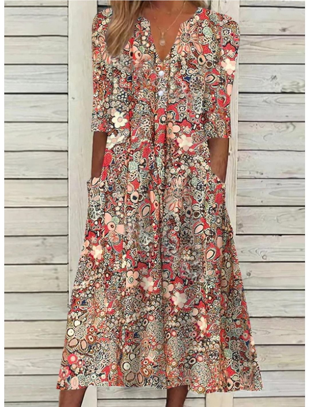 Damen Bedrucktes Midikleid mit Seitentaschen