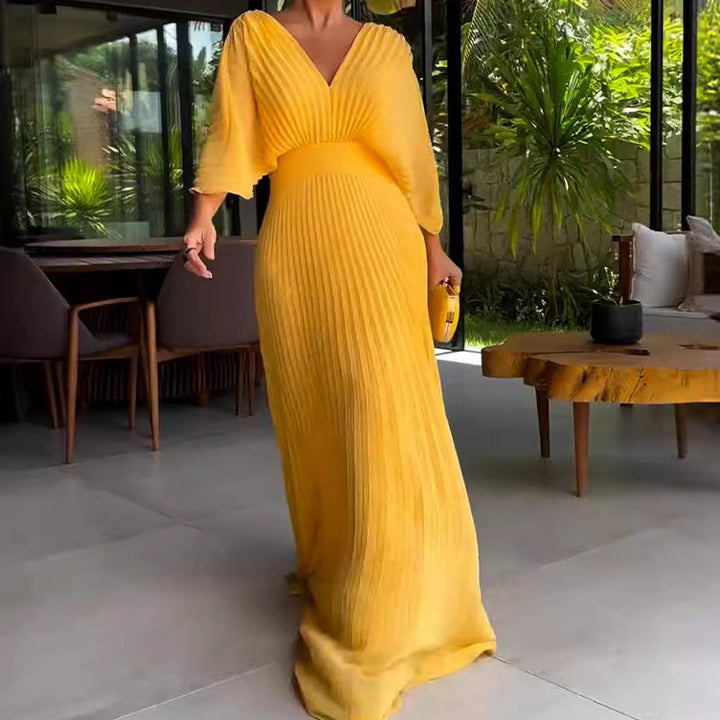 Damen Maxikleid mit Falten und V-Ausschnitt