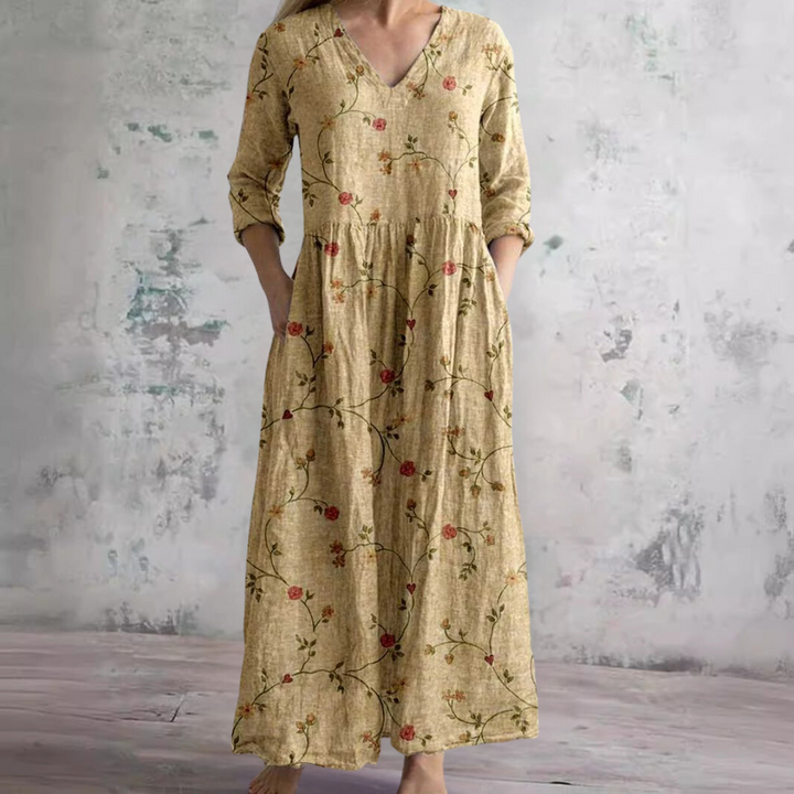 Damen-Maxikleid aus Leinen mit Blumenmuster und V-Ausschnitt