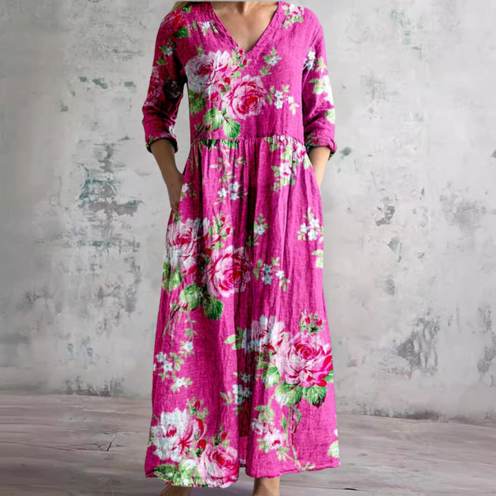 Damen-Maxikleid aus Leinen mit Blumenmuster und V-Ausschnitt