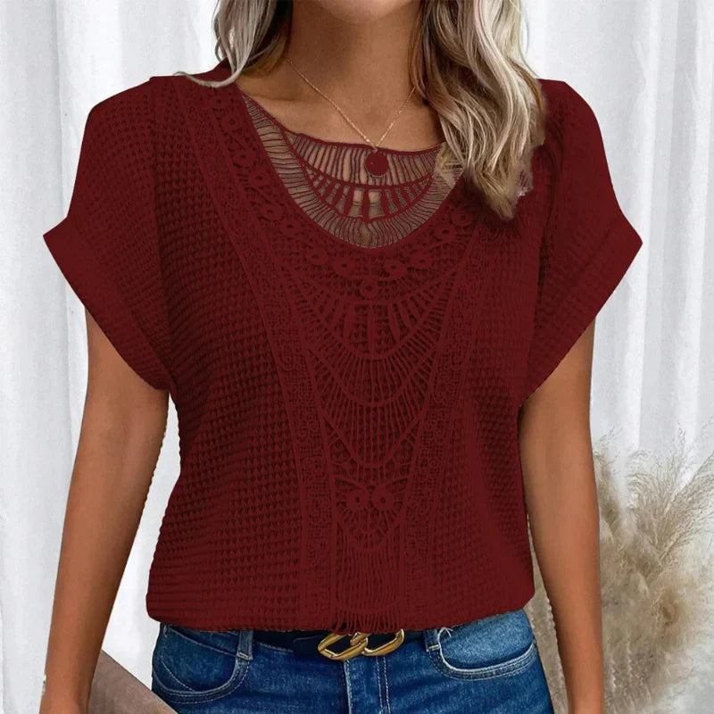 Waffelstrick-Bluse mit Spitzenbesatz für Damen