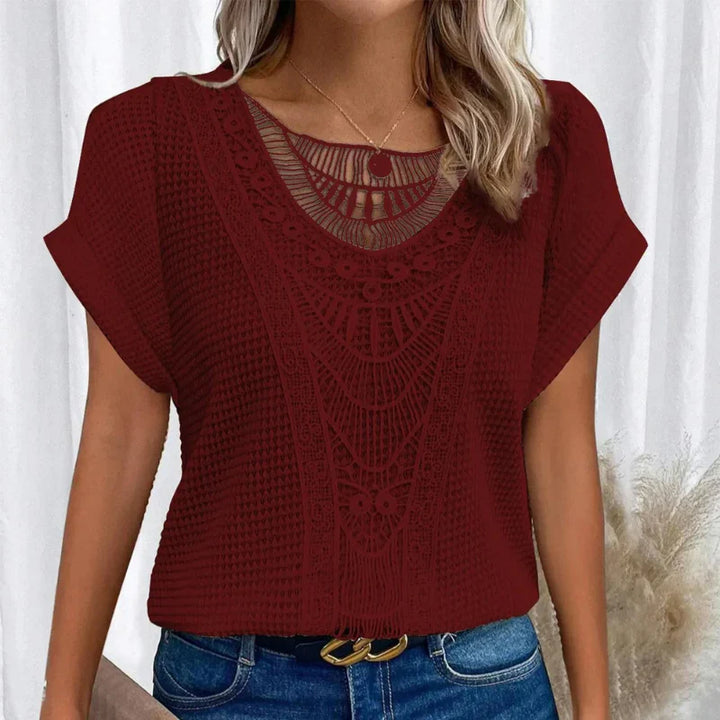 Waffelstrick-Bluse mit Spitzenbesatz für Damen