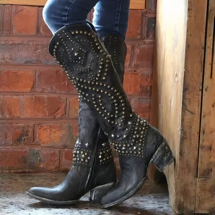 Kniehohe Cowboy-Stiefel Mit Blockabsatz Für Damen | Vintage