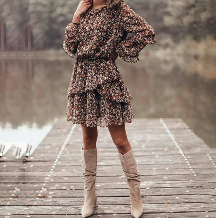 Damen Sommer Blumen Minikleid mit Rüschen und Langen Ärmeln