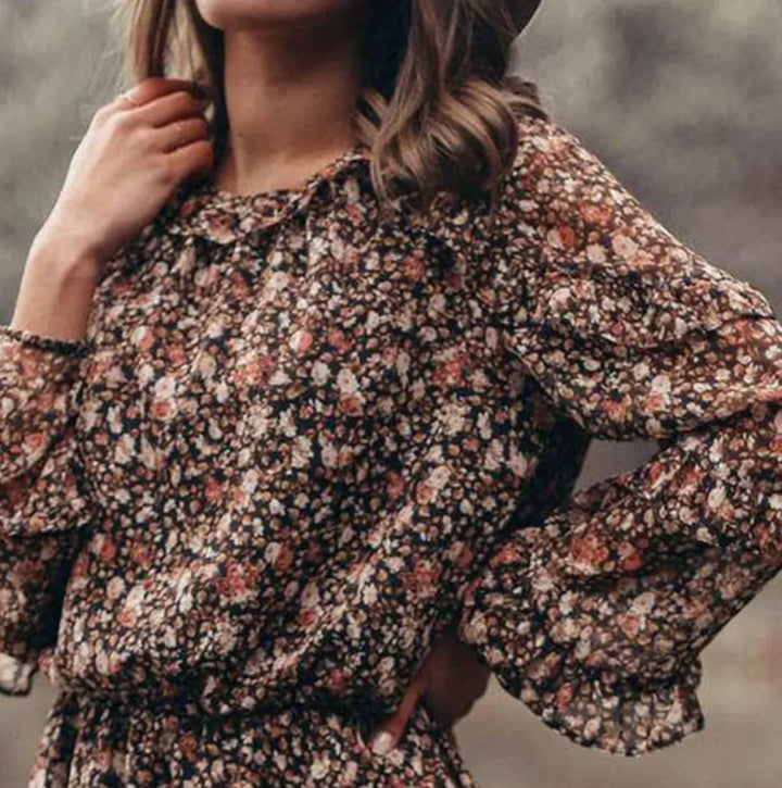 Damen Sommer Blumen Minikleid mit Rüschen und Langen Ärmeln