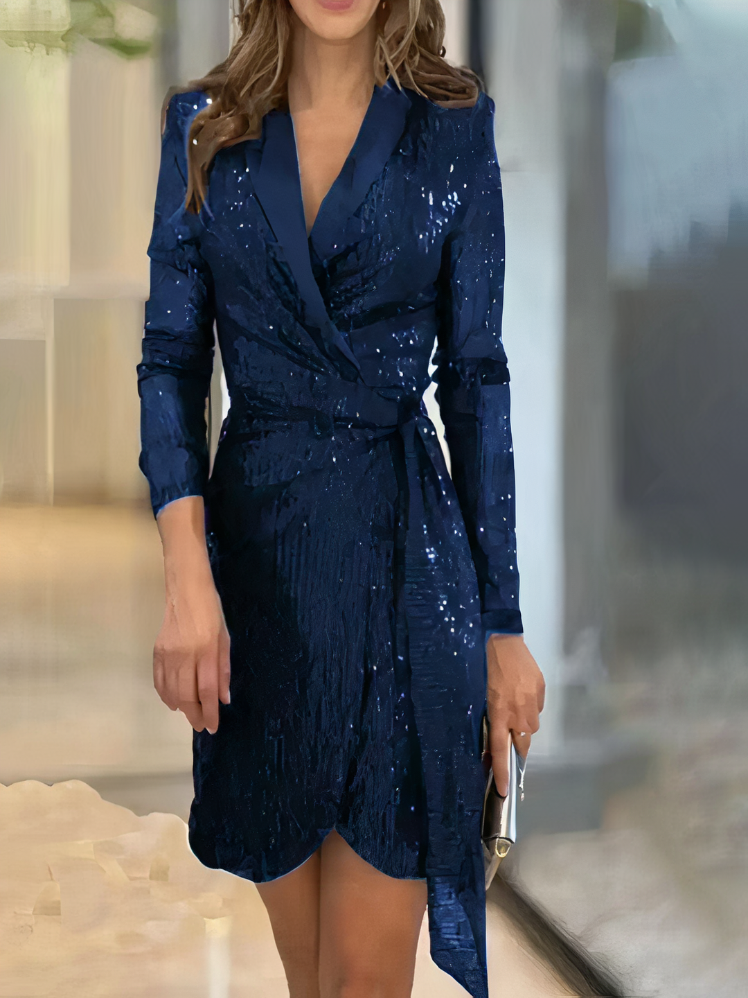 Damen Pailletten-Wickelkleid mit V-Ausschnitt and Langen Ärmeln