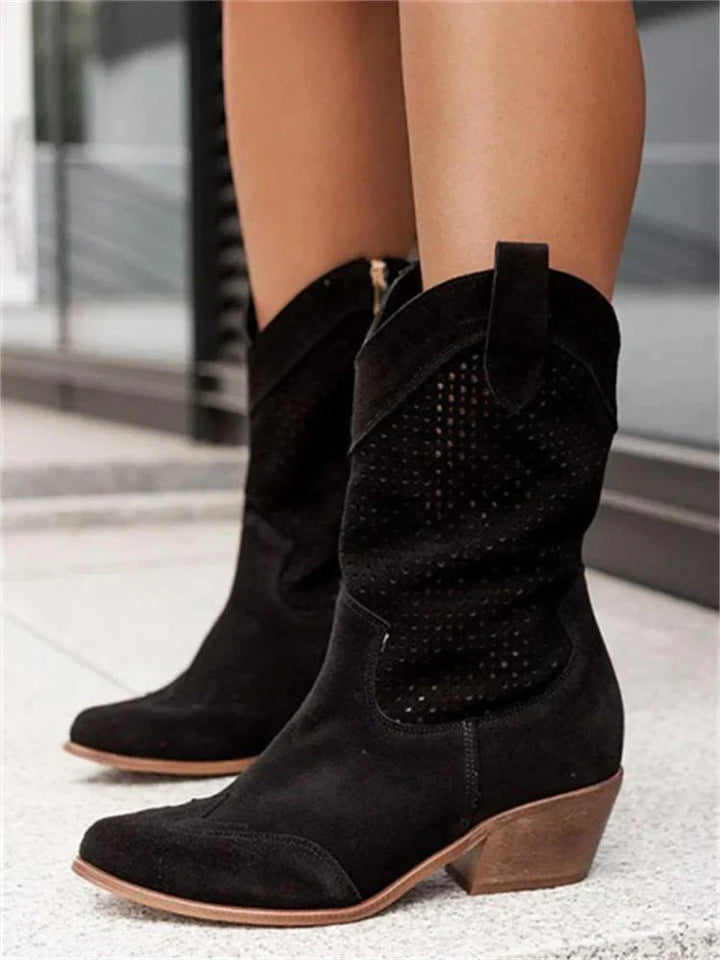 Damen-Vegan-Leder-Stiefel mit perforiertem Design